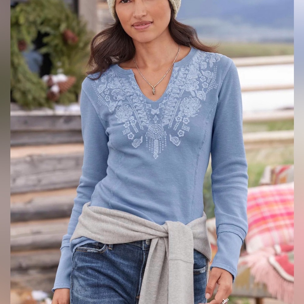 Sundance Blue Embellished Fitted Long Sleeve Blouse